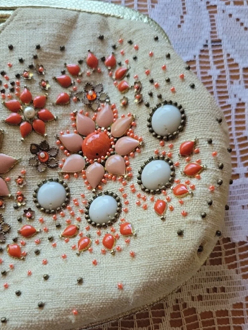 RAFE Canvas Coral and Ivory Floral Beaded Bag